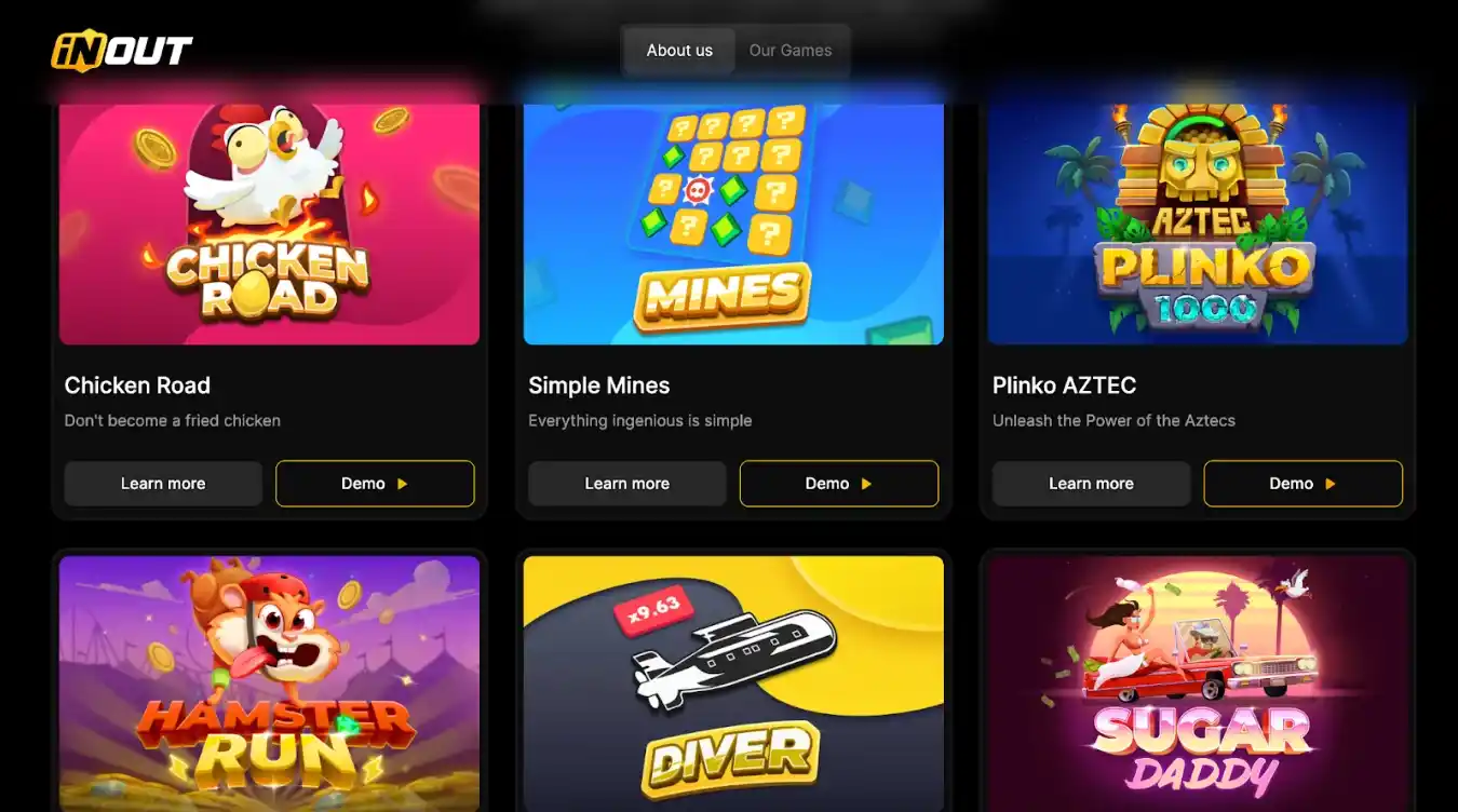 Spelselectie met kleurrijke titels zoals Chicken Road en Diver